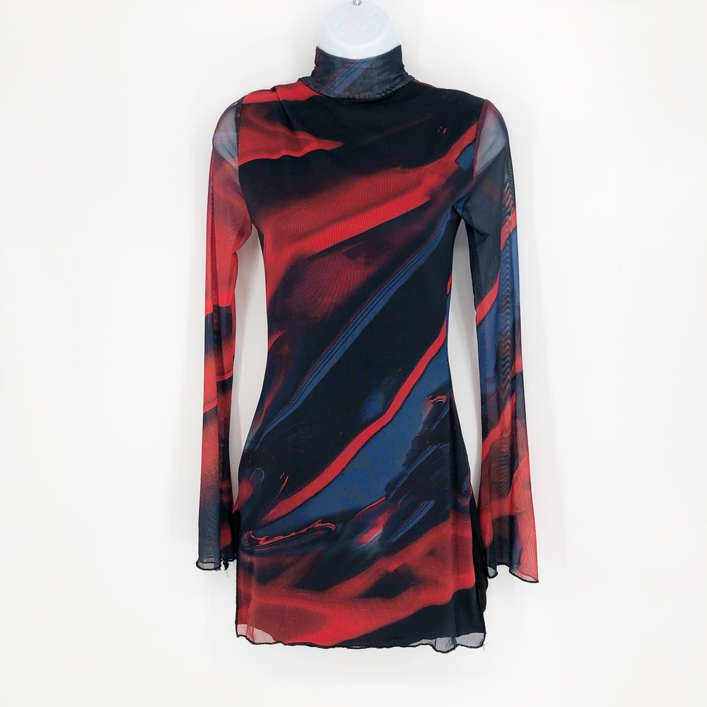 EDIKTED Sparks Fly Mesh Minidress Small Red Mock Neck Abstract NWOT